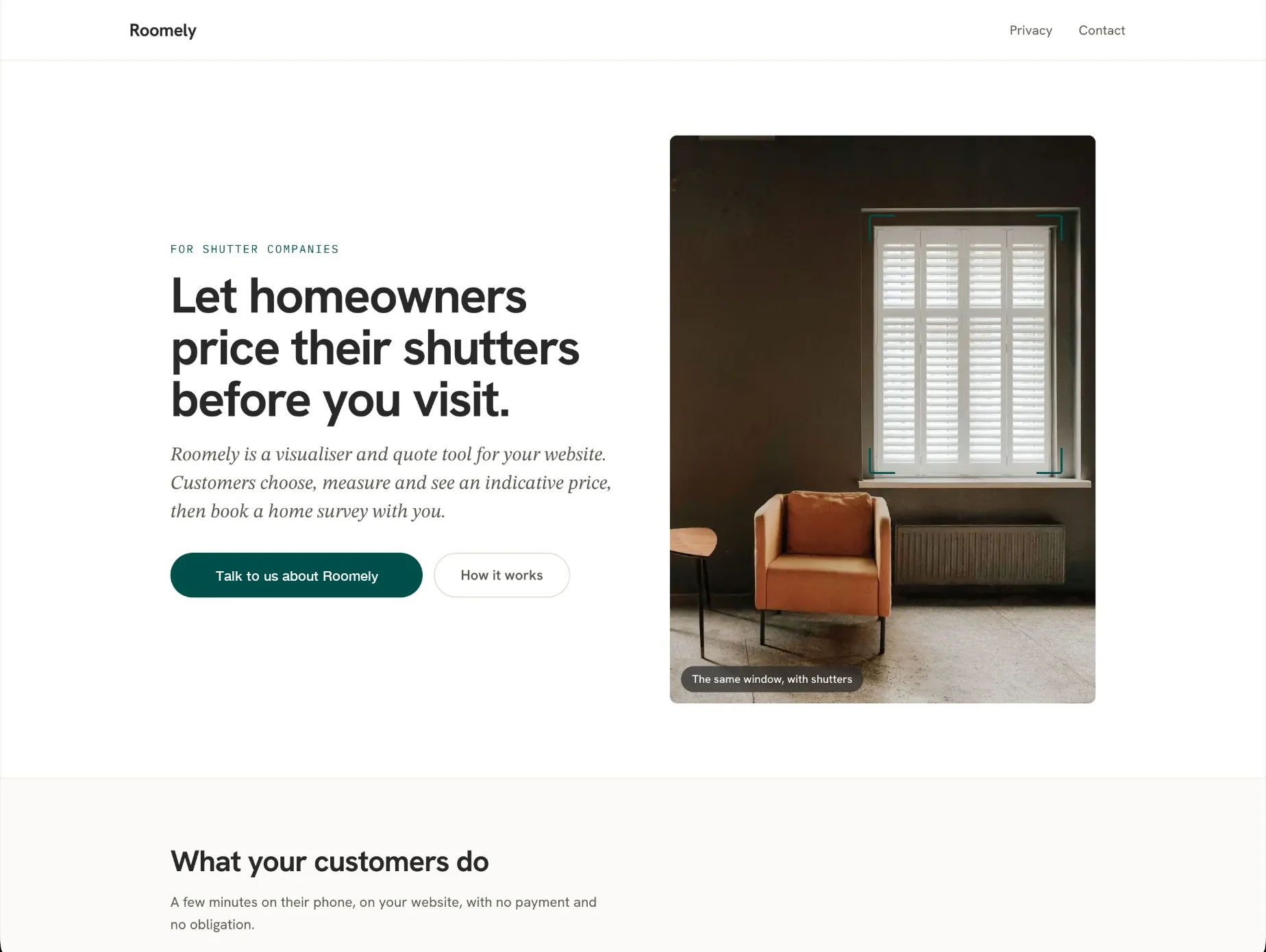 Roomely home page: let homeowners price their shutters before you visit, beside a photo of a window with shutters fitted