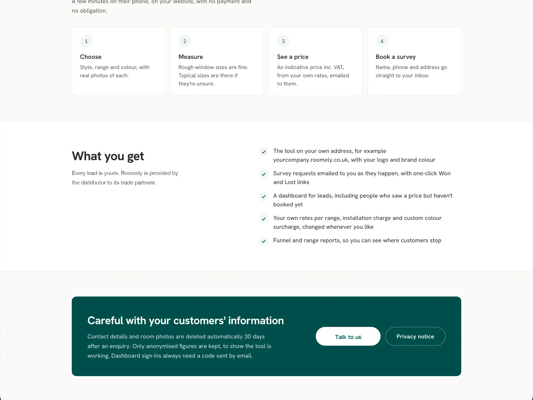 Roomely's four customer steps and the list of what each retailer gets