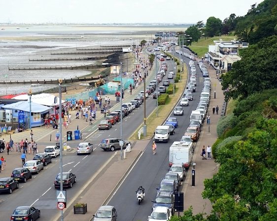 Southend-on-Sea seafront busy with people and traffic on a summer day, Essex